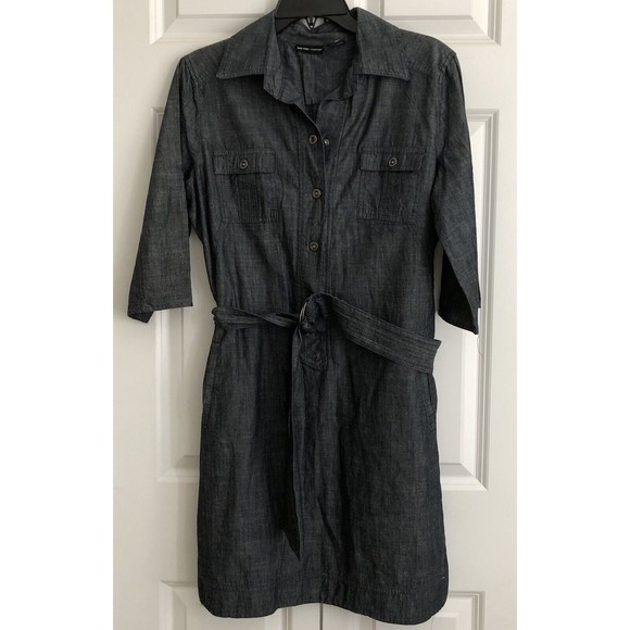NEW YORK & COMPANY BELTED SHIRT DRESS SZ.8 COTTON 3/4 SLEEVES 1/2 HALF BOTTON $$ - Picture 2 of 10